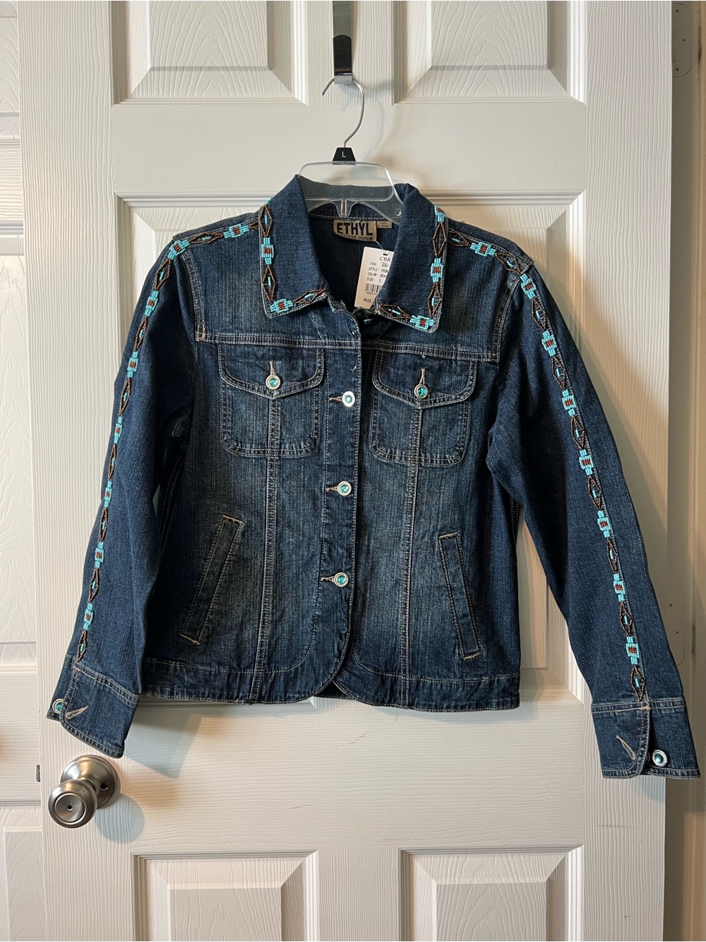 Ethyl Dark Wash Denim Jacket with Turquoise Embroidered Trim